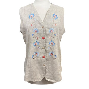 Vintage Petite Sophisticate Vest Size L Beige Embroidered Floral Made in USA